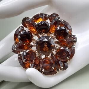 Vintage Topaz Rhinestone Floral Brooch, Gold Tone, Prong Set, 1950s, 2 1/8 In